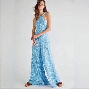NEW Free People Arlo jumpsuit wide leg halter floral maxi ice combo blue XS
